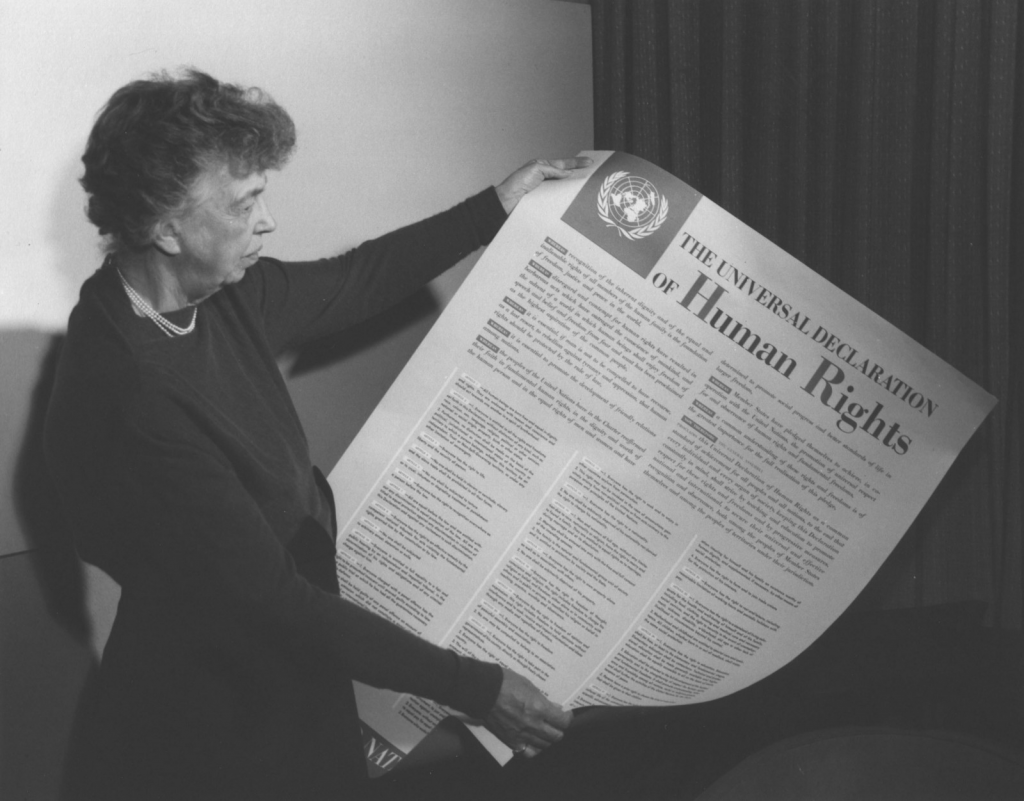 Eleanor Roosevelt and United Nations Universal Declaration of Human Rights, Lake Success, New York, November 1949. (National Archives Identifier 6120927)