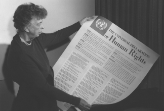 Eleanor Roosevelt and United Nations Universal Declaration of Human Rights, Lake Success, New York, November 1949. (National Archives Identifier 6120927)
