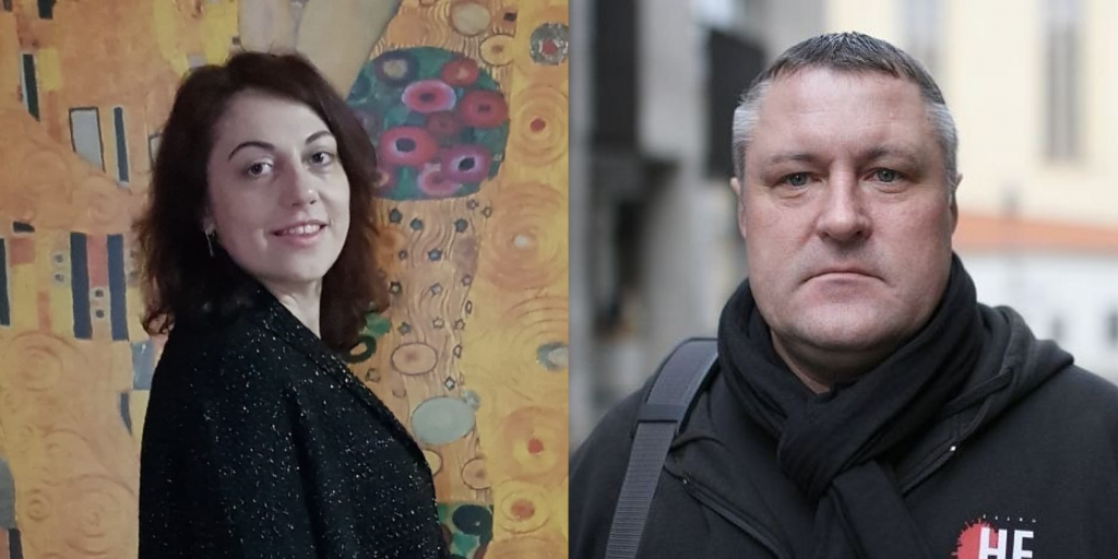 Two portrait pictures. A woman with brown hair standing in front of a yellow background and a man pictured on the street.