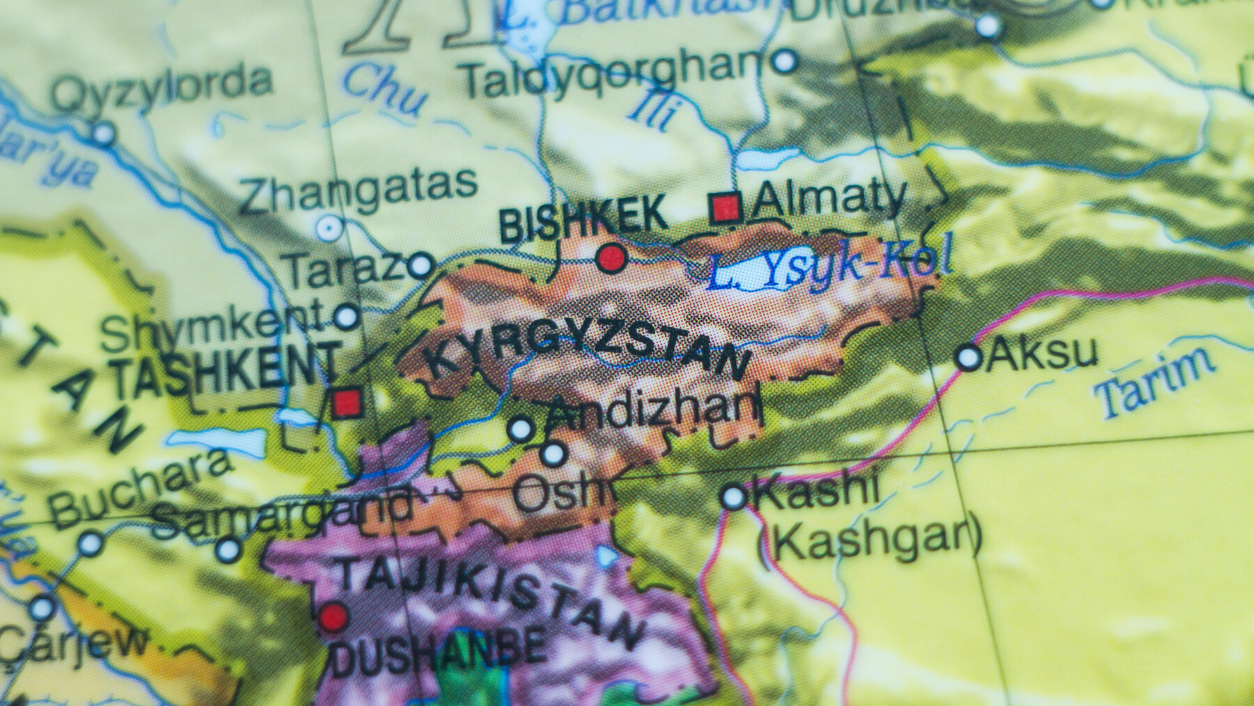 Photo of a map of Kyrgyzstan and the capital Bishkek .