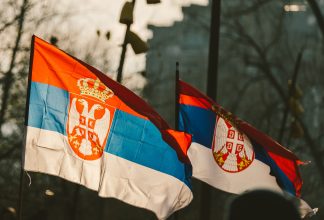 serbian flags in sunshine
