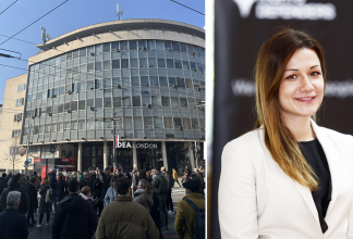 Split image, organisations protesting in the streets and a portrait of Ivana Randjelovic