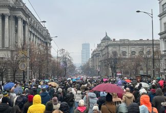 Demonstrations in Serbia. People marching in the streets.