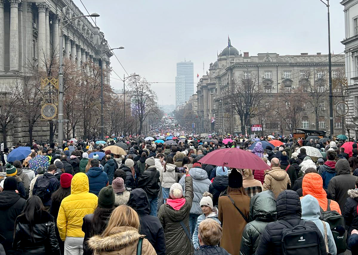 Demonstrations in Serbia. People marching in the streets.