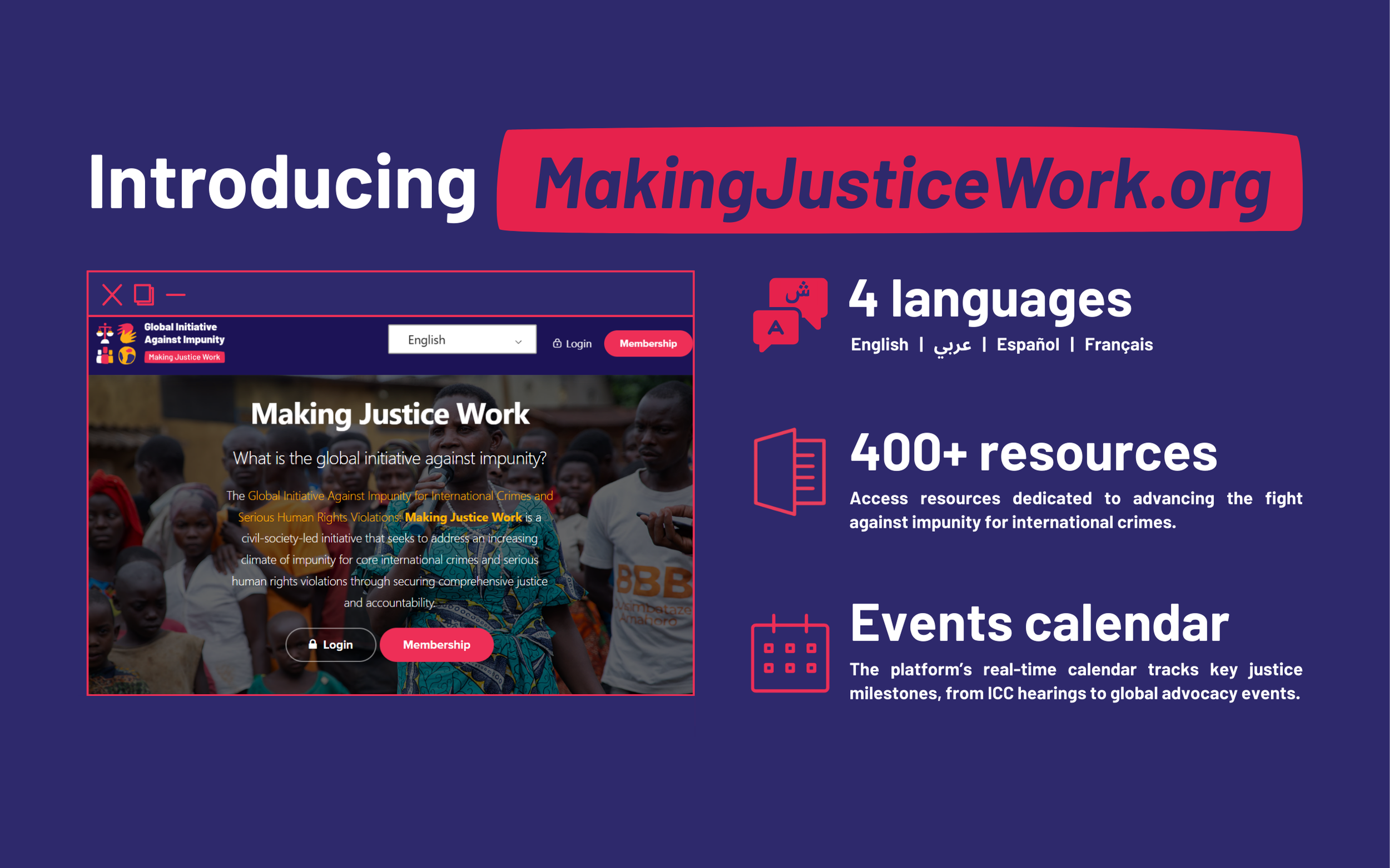 Mörklila bakgrund med information om den nya plattformen MakingJusticeWork.org