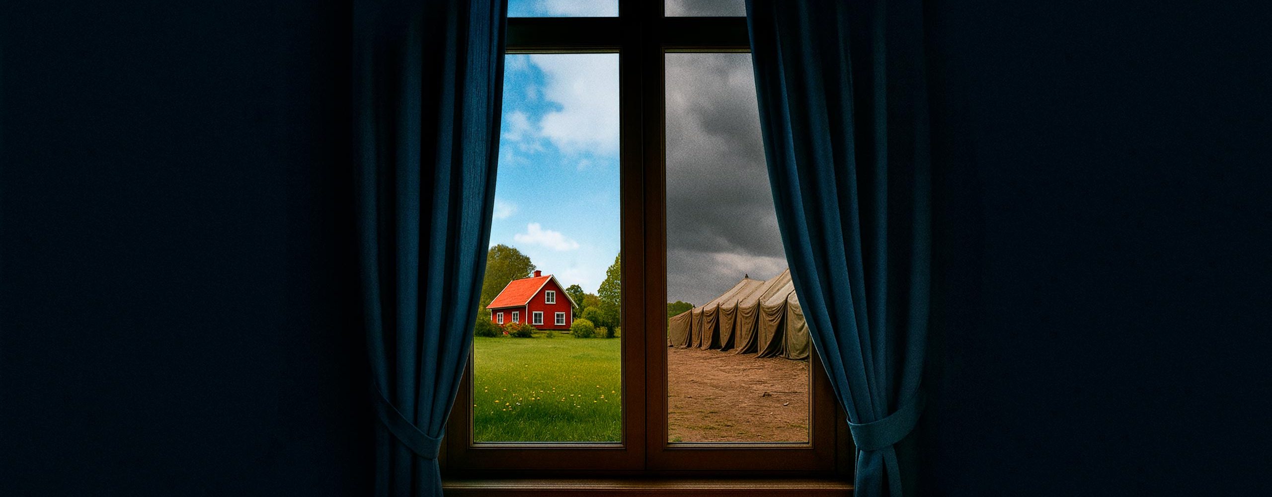 A room and a window looking out over two houses. One house is very run down in a refugee camp. The other is a very pittoresque house in the Swedish countryside.
