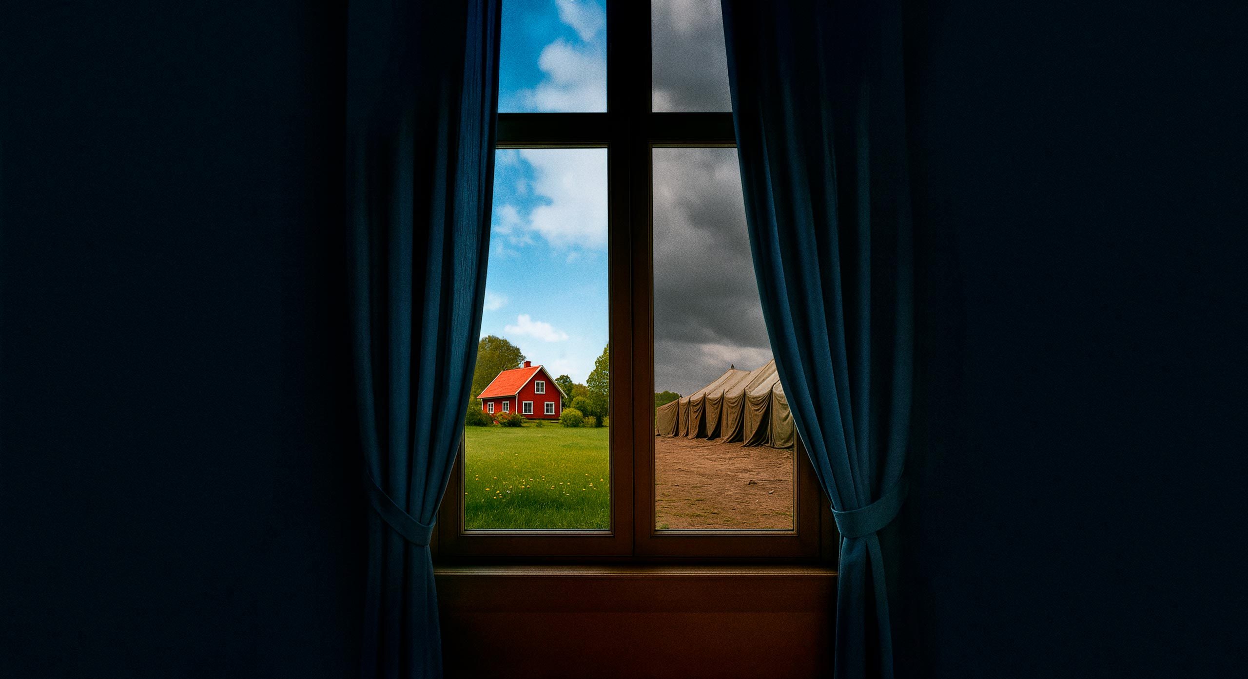 A room and a window looking out over two houses. One house is very run down in a refugee camp. The other is a very pittoresque house in the Swedish countryside.