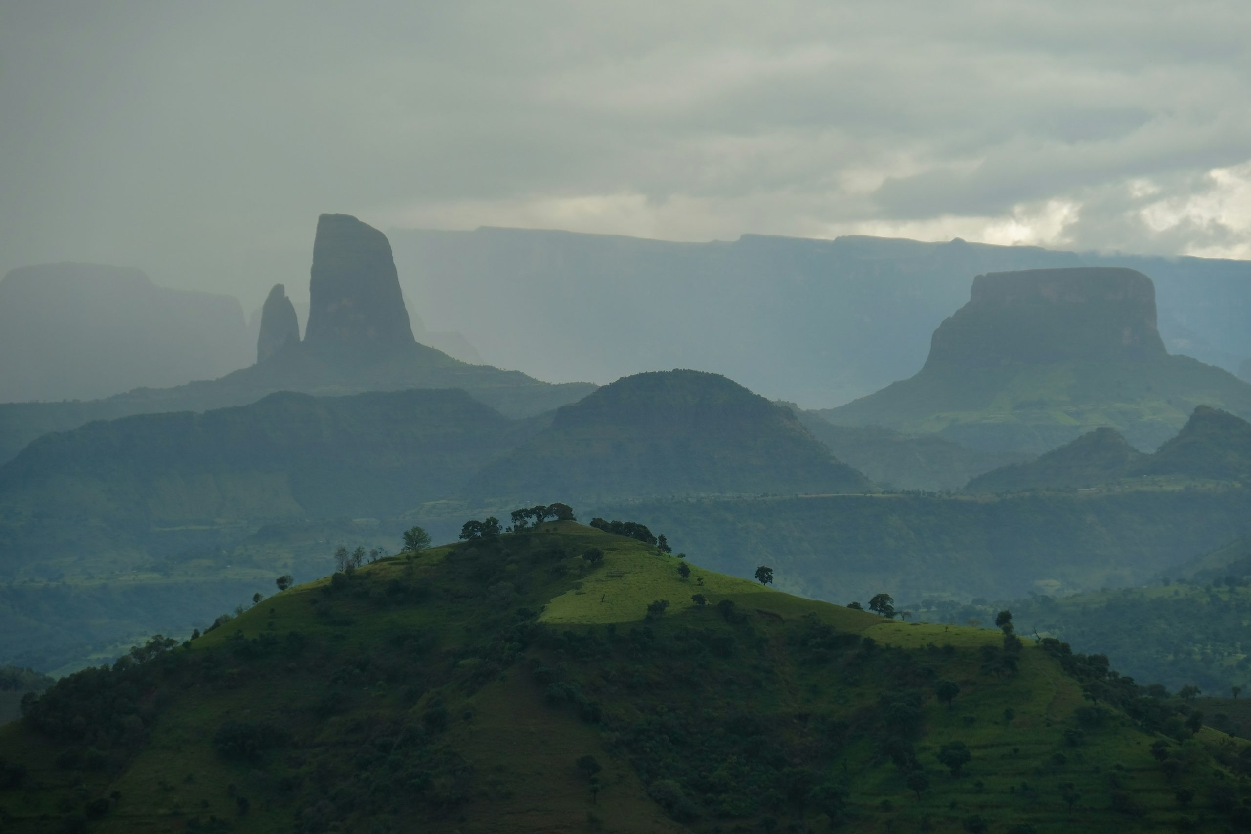 Mountain landscape in hazy light