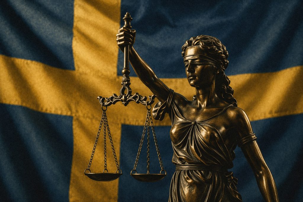 A bronze statue of Lady Justice holding scales stands in front of a large Swedish flag.