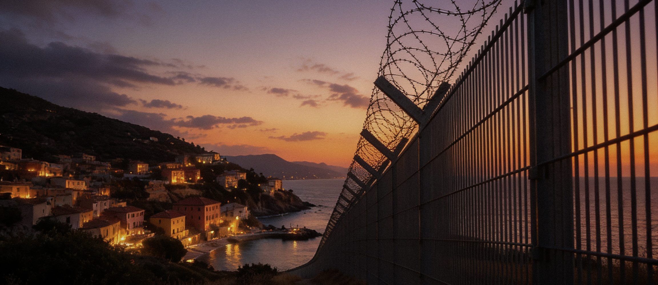 A high-contrast twilight scene split down the center by a tall, imposing metal security fence topped with coiled razor wire. To the left, a picturesque Mediterranean village with warm, glowing windows is nestled on a steep coastal cliff overlooking a calm sea cove.